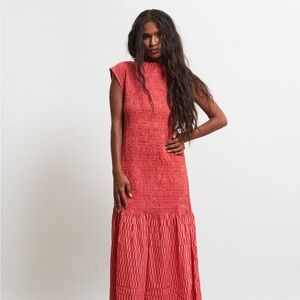 Sleeveless Coral Maxi Dress with Smocked Bodice